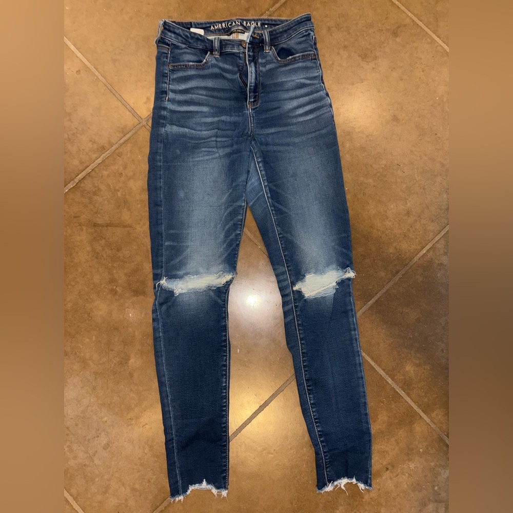 American Eagle Outfitters Blue Skinny Jeans with Distressed Details